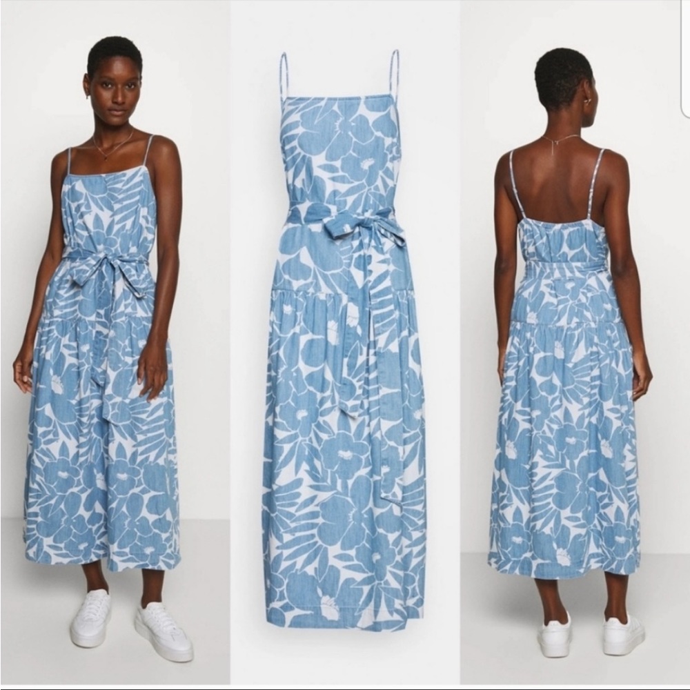 gap Apronneck Print Denim Maxi Dress size s